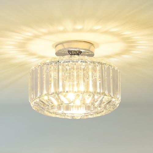 Rayofly Crystal Ceiling Lights Living Room, Modern Crystal Chandeliers Ceiling Light, Chrome Ceiling Light Fitting with Glass Lampshade Semi Flush Ceiling Lights for Bedroom, Kitchen, Hallway, Office
