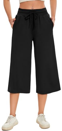 Safort pantalón Capri Mujer 3/4, Deportivo Corto y Ancho con Bolsillos, Ligero para Verano, Ideal para Diario y Ocio, Negro, XL