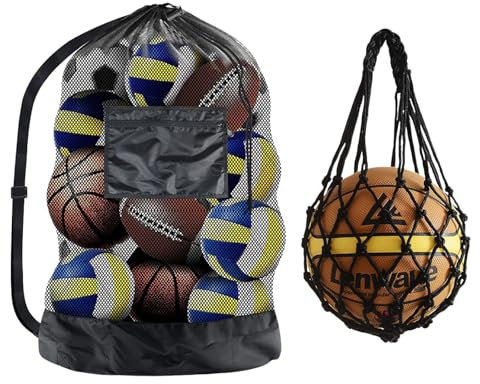 2 Pcs Ballsack für 10-15 Bälle, 100x75cm, 1 Ballnetz und 1 Netztasche Tragbare, Fussballtasche mit Kordelzug Verstellbarem Schultergurt, Extra Große Balltasche Fußball Volleyball Rugbyball Basketball
