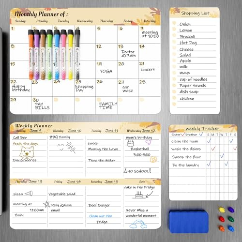 Marsrock Calendrier Magnétique pour Réfrigérateur 42x30cm (Lot de 4) Planificateur Hebdomadaire & Mensuel, Tableau de Tâches,Liste de Courses/To-Do,avec 8 Marqueurs,6 Aimants et 1 Effaceur – Jaune