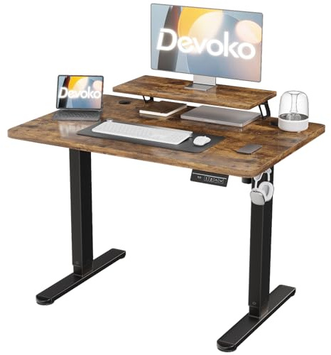 Devoko 120×60cm Escritorio Eléctrico de Altura Ajustable, con Soporte de Monitor, Escritorio de Ordenador, con 2 Funciones de Memoria de Altura, para Dormitorio, Estudio, Oficina