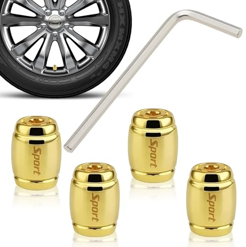 4 tapones antirrobo para válvulas de coche, tapas de válvula de aire con llave, compatibles con todos los coches, bicicletas y motocicletas (dorado)