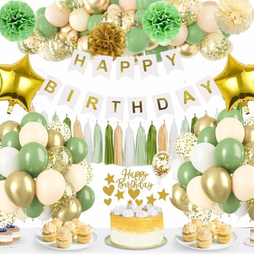 Deko Geburtstag Frau Mann,Geburtstagsdeko mit Grün Gold Luftballons Party Deko Set mit Dekoration Geburtstag Banner für Geburtstagsdeko Mädchen frauen Mann Baby