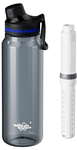 Membrane Solutions Gourde filtrante eau survie, 1L avec cartouche filtrante ACF et UF, capacité de 4000 L, Précision de 0,1 μm, élimine 99,9999% des E.Coli, sans BPA, Camping, Voyage, Gris