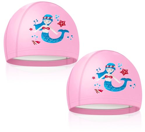 TUONYIS Bonnet de Bain Piscine 2 Pièces, Enfants Bonnet de Bain Élastique, Extensible Confortable, Polyuréthane (PU), Rose, Taille Unique, Garçons Filles 4-10 Ans