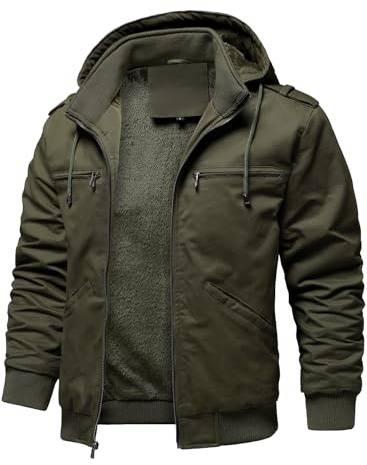 HOOD CREW Winterjacken für Herren Warme Fleecejacke Baumwolle Mantel mit Kapuze Übergangsjacke Militär Cargojacke mit Taschen Armeegrün L