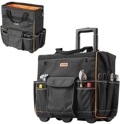 VEVOR Zaino Portautensili con Ruote, Capacità 50 kg, Borsa Portautensili con Ruote da 25 Tasche, Maniglia Telescopica Regolabile e Base Stabile, Organizzatore per Borse per Edilizia, Meccanico