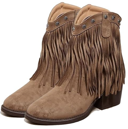 MAOAEAD Stivali da donna con frange western cowgirl tacco a blocco alla caviglia moda comodi in pelle scamosciata punta a metà polpaccio stivaletti da cowboy, Marrone, 39 EU