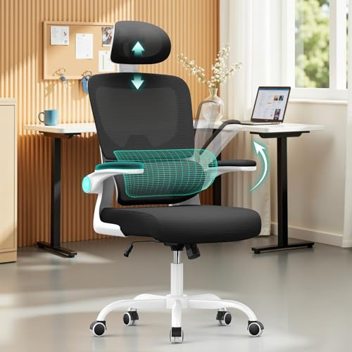 naspaluro Ergonomic Office Chairs, High Big Study Desk Computer Chair with Flip-up Armrests/Back Support/Adjustable Headrest, Comfy Swivel PC Work Chair, Mesh Black Office Chairs for Home Office