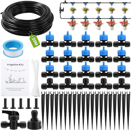 WPPQWP Kit d'irrigation de jardin de 20 m, 60 pièces, système d'irrigation goutte à goutte, système d'irrigation et de tuyau pour jardin, balcon, terrasse