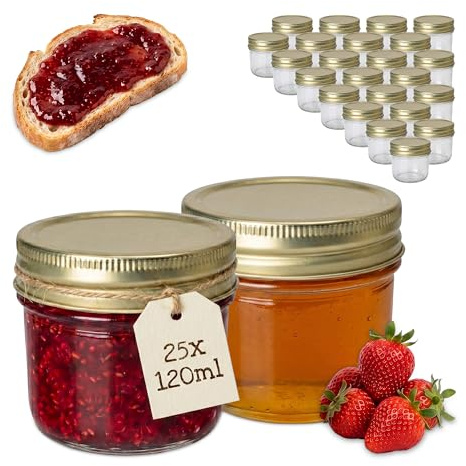 Relaxdays tarros para conservas y mermeladas, Set de 25, 120 ml, Tapa Twist-Off, Transparentes/Dorados