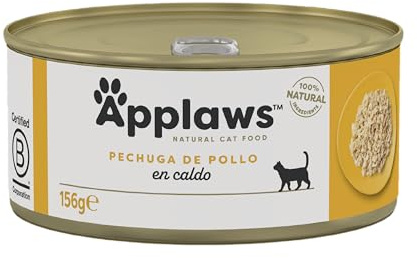Comida húmeda de Pechuga de Pollo 100% Natural de Applaws en caldo para gatos adultos - 24 latas de 156g