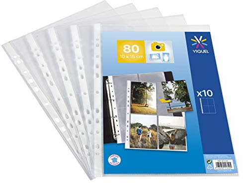 Viquel - Lot de 10 Pochettes transparentes perforées pour photos 10x15 ou cartes postales - Protection durable en polypropylène 90 microns - A4, 80 photos, 2 ou 4 anneaux, Made in France