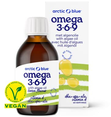 Arctic Blue Premium veganes Omega 3 Öl - 150 ml – 250 mg DHA & 125 mg EPA & 250 mg ALA pro Portion – enthält Algenöl und Hanföl, mit Vitamin D, hochdosiert, vegan & flüssig – Zitronengeschmack