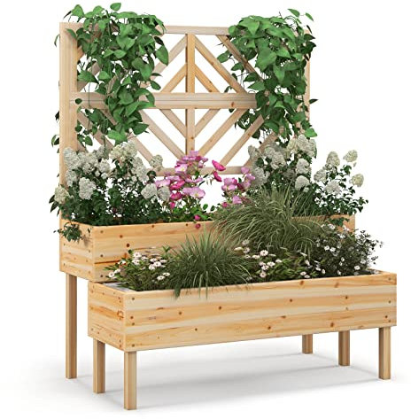 COSTWAY Cama Elevada de Jardín de 2 Niveles con Enrejado, Caja de Cultivo Elevada de Madera con Patas, Agujero de Drenaje, Maceta Interior y Exterior para Jardín, Patio y Balcón (Natural)