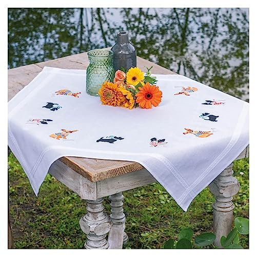 Vervaco Stickpackung Tischdecke Sticken Set Erwachsene Vorgedruckt Hündchen Stickdecken Vorgezeichnet Decke Sticken Stickpackung Plattstich 80 x 80 cm Stoff zum Sticken Kreatives Geschenk
