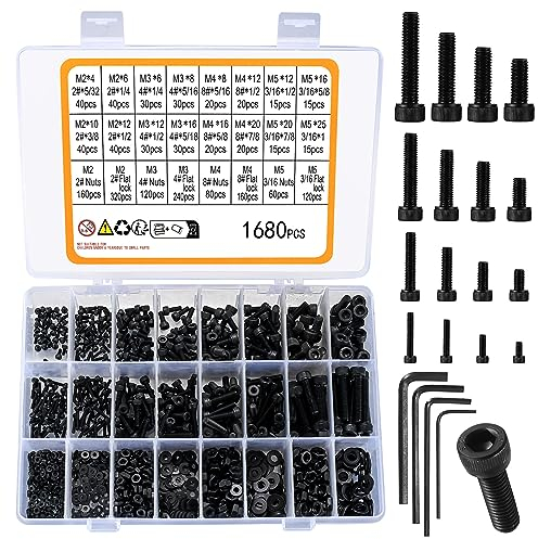 XhjzgcTech Juego de 1680 tornillos métricos hexagonales M2, M3, M4, M5, tuercas y arandelas, juego de tornillos de máquina negros, tornillos hexagonales, pernos y tuercas