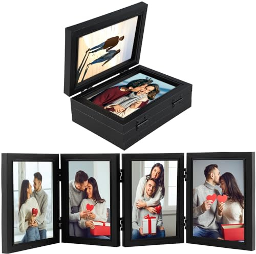 Foribyw Hinged Photo Frames 4x6 inch, Rustic Wood Effect Folding Picture Frame with High Definition Glass, 4 Opening Photo Frame Multiple Pictures for Desktop Birthday Gifts(black)