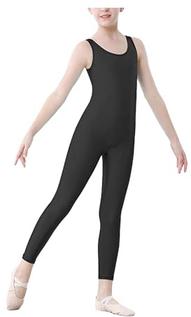 R&N FASHIONS Traje de gato sin mangas para niñas y niños, mono de baile, gimnasia, traje de gato sin pies, baile (negro, 11-12 años)