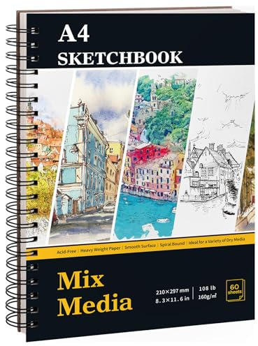 A4 Sketch Book, Mixed Media Sketchbook 60 Sheets / 120 Pages, 160GSM, Spiral Artist Sketch Pad for Sketching Drawing, Pastel, Acrylic, Craft