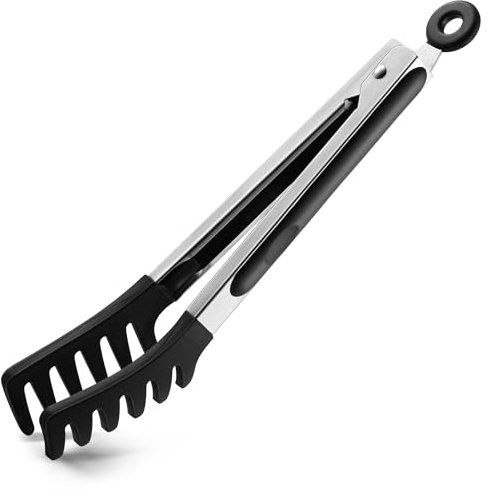 Pinze per pasta e spaghetti, 22,9 cm, in silicone resistente al calore, con dentini, per servire cibo, cucinare, insalata, spaghetti e spaghetti, antiaderente (22,9 cm, nero)