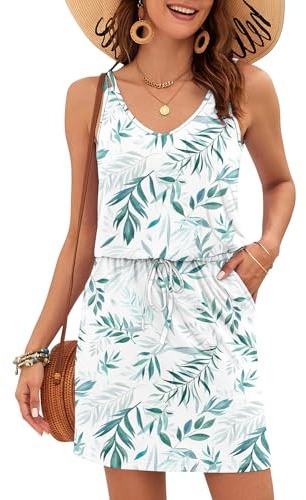 AUSELILY Women's Summer Spaghetti Strap Mini Dress White Willow Leaf S