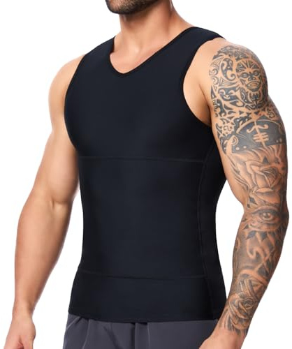 SLIMBELLE Compression Vest Men V-Neck Elastic Slimming Waist Trainer Tummy Control Base Layer Undershirts Compression top Shapewear Body Shaper for Men Black