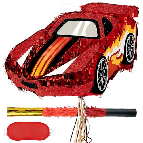 WERNNSAI Piñata de Coche de Carreras - Piñata de Coche Deportivo con Purpurina con Venda para los Ojos y Palo para Niños Chicos Decoración de Fiesta de Cumpleaños de Carreras Suministros de Juego de