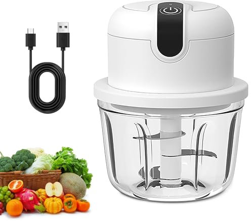 Tritatutto da Cucina Elettrico, 350ml Mini Robot da Cucina, con 3 Lame in Acciaio Inossidabile, Ricarica USB, Tritatutto Multifunzione per Cipolle, Aglio, Carne, Verdure, Frutta