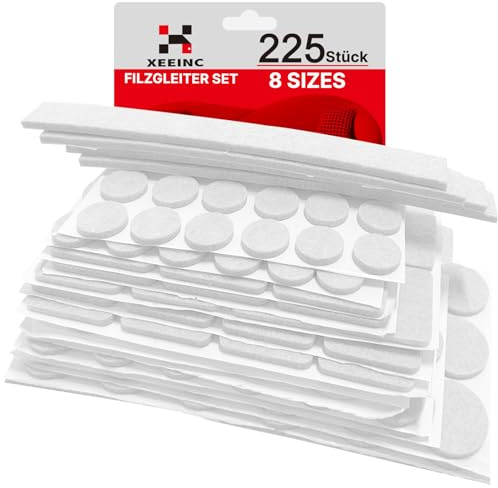 XEEINC Fieltro Adhesivo Muebles 225 Piezas, Almohadillas Fieltro Protector Patas Sillas con 8 tamaños, 3mm de Espesor, Protector Muebles - Blanco