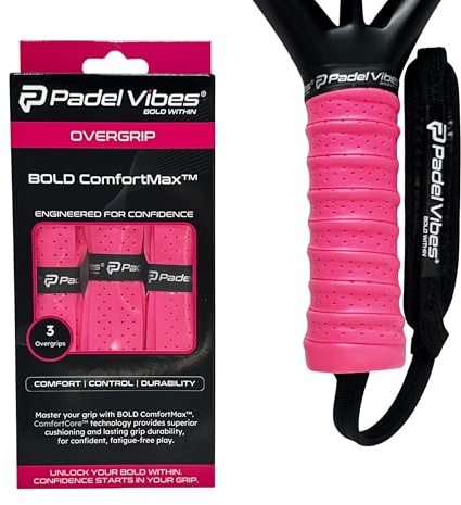 Padel Vibes® BOLD ComfortMax™ Surgrip | Surgrips perforés, ergonomiques pour padel, tennis, badminton, squash, raquette | Absorbant la transpiration, antidérapant, durable (Rose vif | Pack de 3)