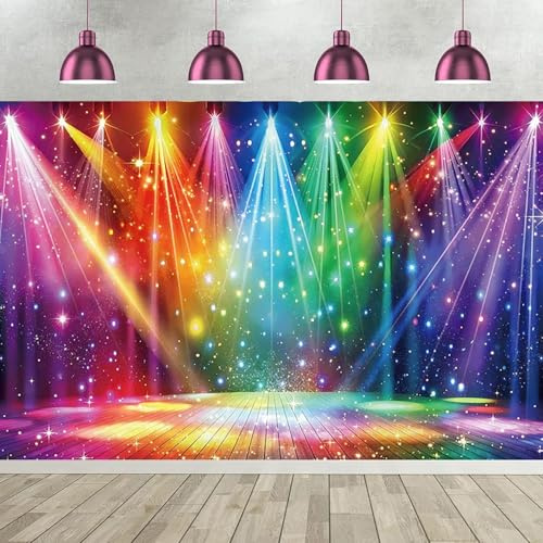 ASDCXZ Toile de Fond Photo de Arc-en-Ciel Scène Disco 2.2x1.5m, Coloré Néon Lumière Scène Musique Photographie Fond 70's 80's 90's Rock Musique Club Disco Fête Décoration Bannière Photo Accessoires