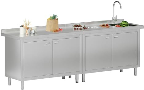 96 x 24 x 33.5 Stainless Steel Utility Sink with Cabinet, Oversized Kitchen Cabinet with Sink for Restaurant, Outdoor BBQ, Hotel, with Waste Hole & Large Storage