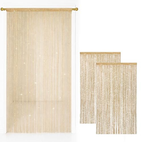2 Pack String Door Curtains, 100 x 200 cm Glitter Fringe Panel Champagne | Fly Screen Room Divider Tassel Curtain for Doors, Doorway, Windows, Home Décor, Event Decoration
