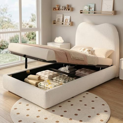 Merax 3ft Single Ottoman Bed with Hydraulic Lift Storage, Upholstered Bouclé Bed Frame with Headboard, Children's Bed for Bedroom, Beige, 90x190cm, No Mattress