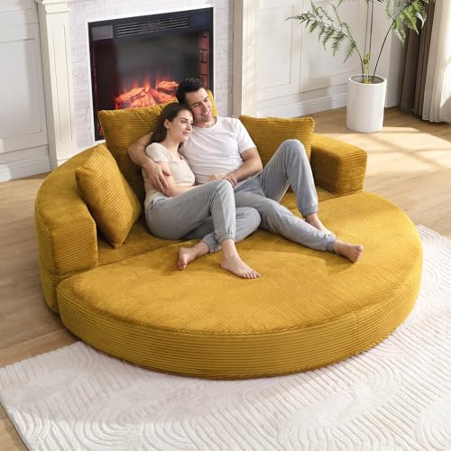 luckdect Canapé-Lit Pliant Ovale 173x176 cm, Canapé Convertible 2-en-1, Tissu en Velours Côtelé, canape 1-2 Places avec 3 Coussins, sans Montage, pour Salon, Bureau, Appartement
