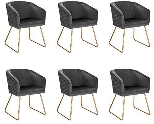 WOLTU Esszimmerstühle 6er Set Küchenstuhl Polsterstuhl Schminktisch Stuhl Wohnzimmerstuhl, Sessel mit Armlehne, Sitzfläche aus Samt, Metall Gold Beine, Dunkelgrau BH271dgr-6
