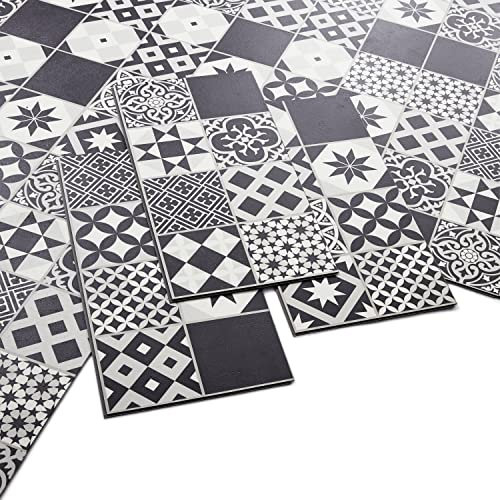 ARTENS - PVC Bodenbelag Gatsby - Click Vinyl-Fliesen - Vinylboden- Zementfliesen Muster - Schwarz/Weiß - FORTE - 61 cm x 30,5 cm x 4,2 mm - 1,49m²/8 Fliesen