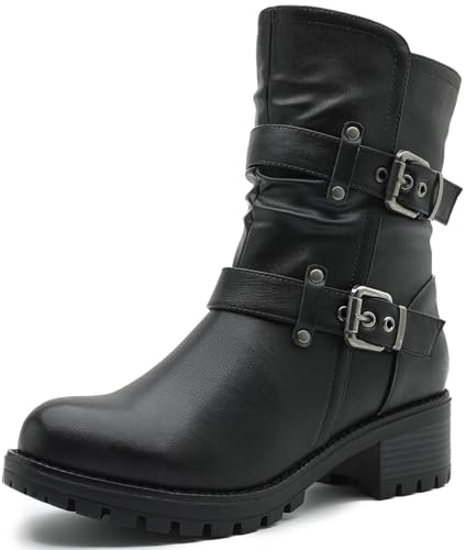 GLOBALWIN Fashion Ankle Boots For Women Black Biker Boots Low Heel Motorcycle Boots Size 8.5M