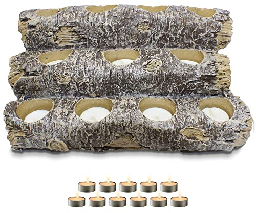 Castaway Faux Fireplace Logs Candle Holder — Realistic Rustic Wood Log Centerpiece with 12 Tea Light Candles, Safe, Smoke-Free ambiance, Authentic Wood Texture, and and Low Maintenance