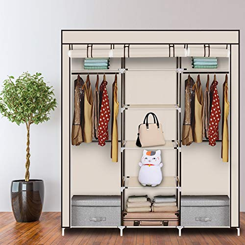 LEADZM Kleiderschrank, Faltschrank Stoffschrank Faltbare Garderobe Canvas mit Reißverschluss, Fächern, für Schlafzimmer, Wohnzimmer (Beige-1, 150 x 45 x 175 cm)