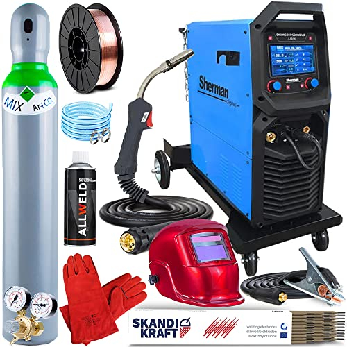 Sherman DIGIMIG 350 COMBO LCD - Synergisches Kombi 400V Schutzgasschweißgerät MIG MAG mit 4 Rollen Drahtvorschub und Fahrwerk - ausgestattet mit Induktivität und Lötschweißen - Set: ProfessionalPlus