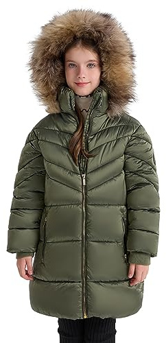 SOLOCOTE Abrigo de invierno acolchado para niñas con capucha de piel sintética, forrado de sherpa, parka resistente al agua y de gran peso verde 12 años