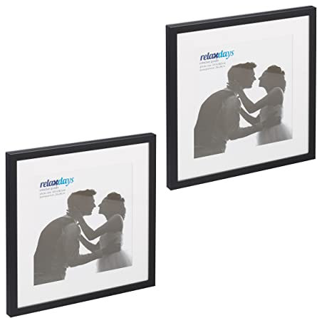Relaxdays Bilderrahmen 2er Set, 38,5x38,5 cm, quadratisch, Fotorahmen, Aufhängen oder Hinstellen, Passepartout, schwarz