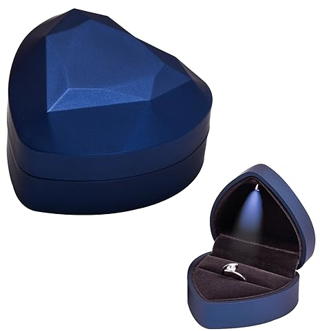 Jinlaili Ringschachtel Hochzeit, 70x65x45MM Ringbox mit LED, Ringschatulle mit Samt Interieur, Schmuck Präsentationsbox, Herz Ringkästchen für Vorschlag Verlobung Hochzeit Zähler Display (Blau)