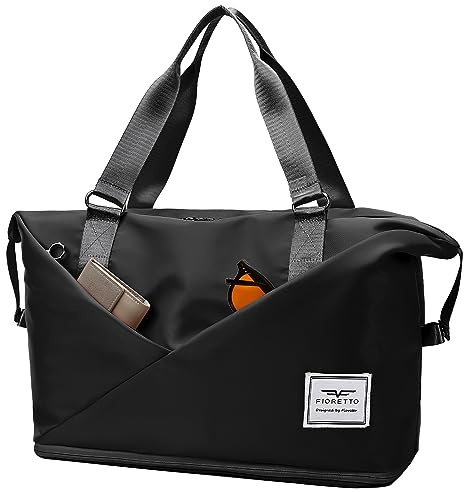 FIORETTO Erweiterbare Damen-Reisetasche, Duffle Bag mit Laptop-Fach, Handgepäck-Tasche mit Trolley-Hülle, Weekender Fitnesstasche Trainingstasche Krankenhaustasche mit Schuhfach und Nassfach Schwarz