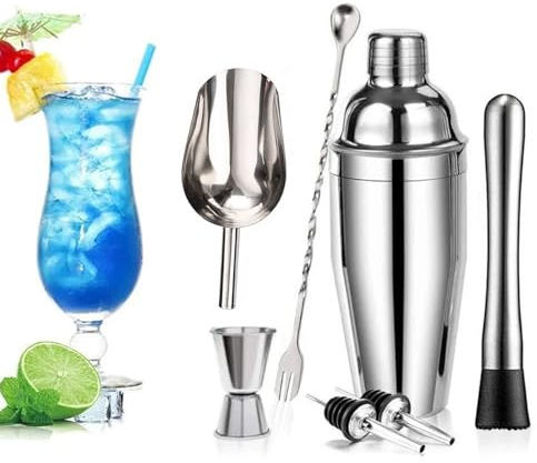 Geebymol Ensemble shaker à cocktail 7 pièces avec shaker en acier inoxydable, doseur verseur, passoire, pilon, cuillère de bar et pelle à glace