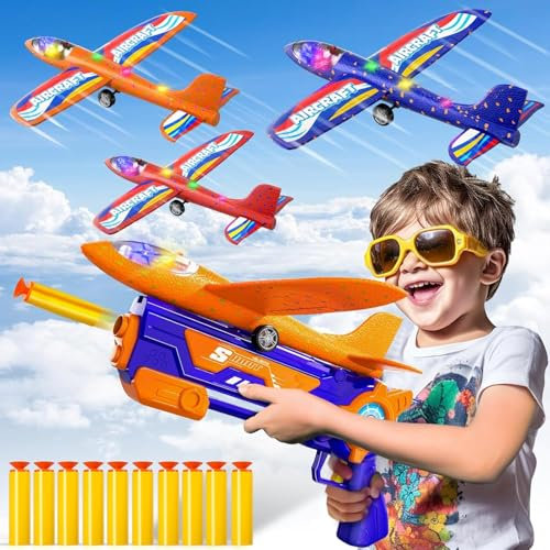 TEMI 3-teilige Kinder große Fliegende Schaumflugzeuge, die Spielzeug, 2-Arten Fliegende Modus Schaumflugzeugkatapulte, mit 10-weichen Schaumpfeilen und 3-Flugzeuggleitspielzeug für Männer und Frauen+