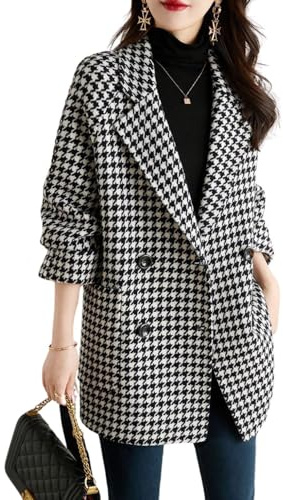 utcoco Womens Notched Lapel Pea Coat Double Breasted Blazer Jackets Houndstooth Woolen Blend Overcoat with Pockets, Black, Small