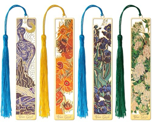 JSRQT 4 Pezzi Segnalibro Metallo con Nappa,Stile Retro Pittura A Olio Segnalibri Personalizzato, Van Gogh Marcatori di Pagina per Amanti dei libri